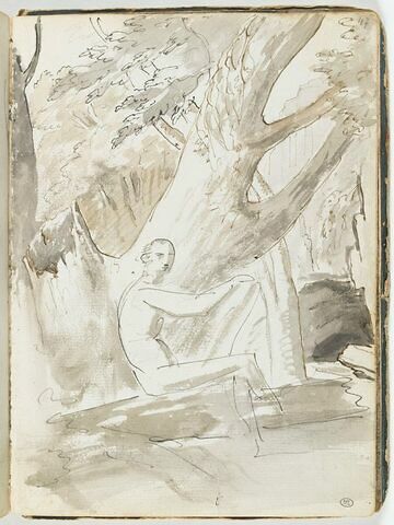 Figure nue de profil, assise dans un paysage, la tête retournée vers le spectateur, image 1/2
