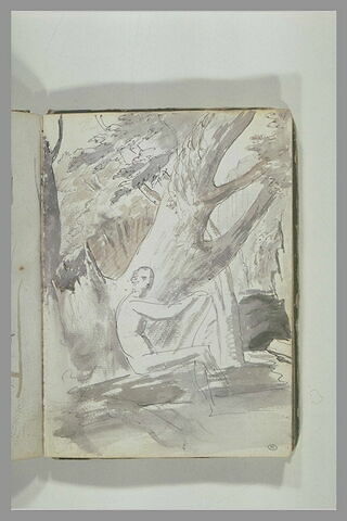 Figure nue de profil, assise dans un paysage, la tête retournée vers le spectateur, image 2/2