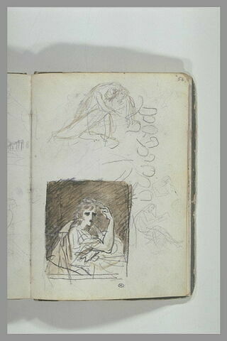 Figure drapée serrant un corps dans ses bras ; ébauche d'une des têtes ; homme de profil, assis, lisant et reprise de son buste ; portrait de femme, en buste, de trois quarts vers la droite, image 2/2