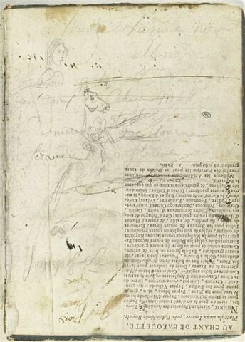 Croquis d'une tête de femme et de cheval ; plusieurs annotations et essais de plume, image 1/2