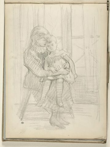 Jeune fille assise, tenant un enfant assis sur ses genoux