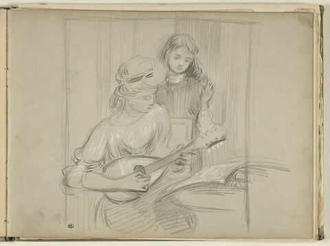 Femme assise, jouant d'un instrument de musique, une fillette la regardant