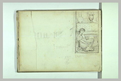 Femme assise au pied d'une cheminée ; croquis ; chiffres mansucrits, image 2/2