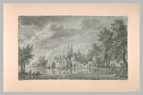 Moulin sur une retenue d'eau, avec de nombreux personnages, image 1/1