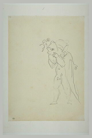 Homme nu, cape sur les épaules, mettant un masque, image 2/2