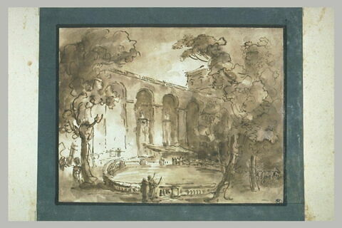 Dans un parc, fontaines dans les arcades d'un aqueduc et bassin, image 1/1