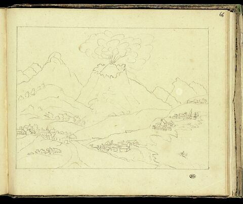 Paysage avec des petits villages menacés par une irruption volcanique, image 1/2