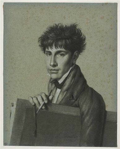 Portrait de jeune homme tenant un grand carton, et un porte-crayon