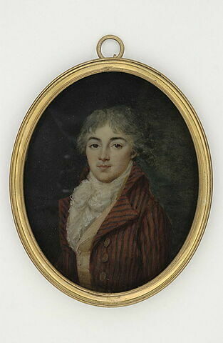 Portrait d'homme jeune, en habit rouge à raies bleues
