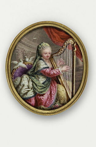 Catherine II jouant de la harpe, vêtue d'un costume brodé de perles, image 1/1