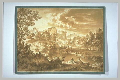 Paysage avec un  troupeau venant s'abreuver, image 1/1