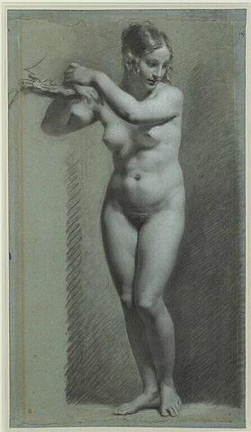 Etude de femme nue debout, les bras appuyés à une branche