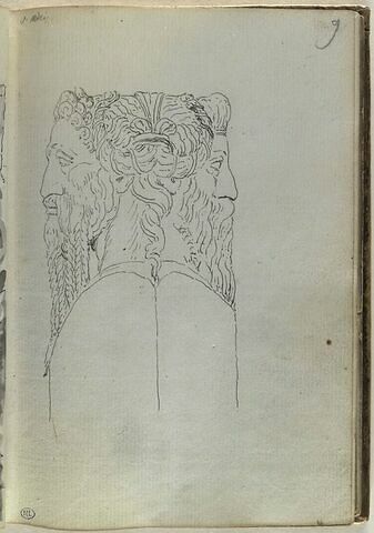 Eléments de sculpture: deux profils d'hommes barbus, dos à dos