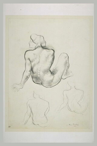 Trois études de femme nue assise de dos, les genoux pliés et le bras..., image 1/1