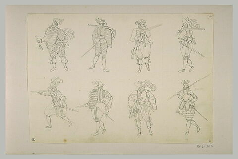 Feuille d'études pour huit costumes de soldats, époque Henri III