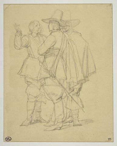 Trois hommes en costume Louis XIII conversant
