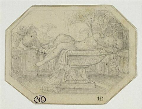 Jeune femme nue, couchée dans une vasque