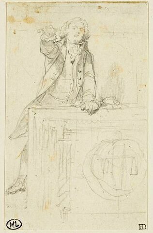 Homme en costume du XVIIIè siècle, s'appuyant à une table