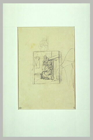 Etude d'une femme assise, près d'une cheminée, et autres figures, image 1/1