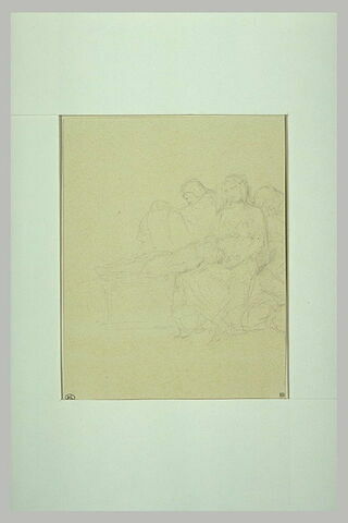 Trois personnages assis, dont l'un soutient la tête d'un enfant couché, image 1/1