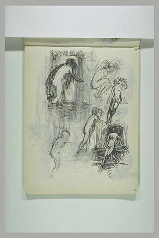 Etudes pour une femme dévêtue traversant de l'eau ; nus appuyés sur un mur, image 1/1