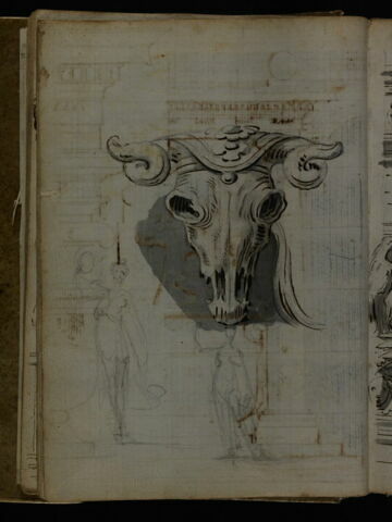 Motif d'ornement sculpté et deux études de statues (?) de femmes drapées, image 2/2