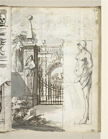 Partie gauche d'un portail avec cariatide, arc de triomphe avec armes sculptées et fontaine dans un parc