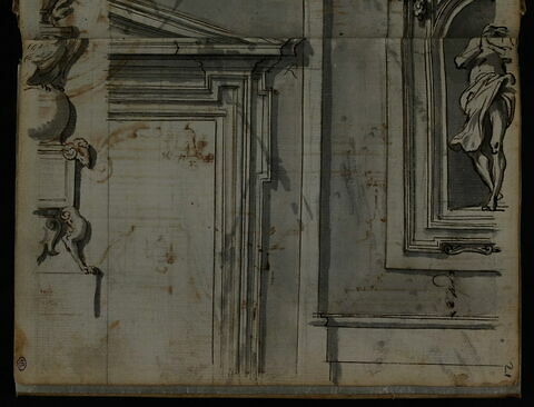 revers de la façade principale de la basilique Santi Ambrogio e Carlo al Corso à Rome ; partie gauche de la sculpture de saint Jean l'Evangéliste, image 2/2
