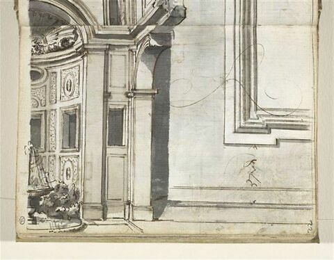 Suite du folio précédent : Fontaine architecturale; fenêtre de l'ambulatoire du chœur de la basilique Santi Ambrogio et Carlo al Corso