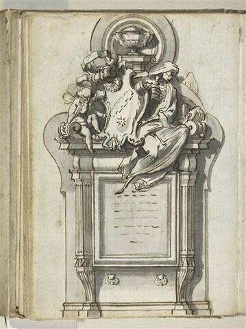 Cénotaphe avec des armoiries (Aldobrandini ?) placées entre un putto et un squelette et, au-dessus, une urne funéraire, image 1/2
