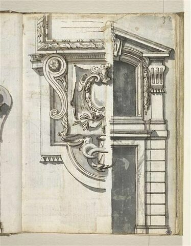 Partie inférieure d'un cénotaphe et un sablier ailé dans un serpent; élévation d'une porte et d'une fenêtre surmontée des armes de la famille Aldobrandini