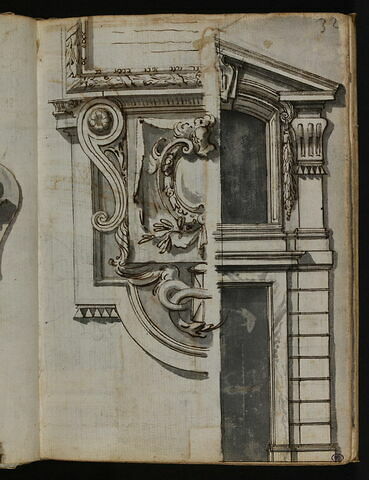 Partie inférieure d'un cénotaphe et un sablier ailé dans un serpent; élévation d'une porte et d'une fenêtre surmontée des armes de la famille Aldobrandini, image 2/2