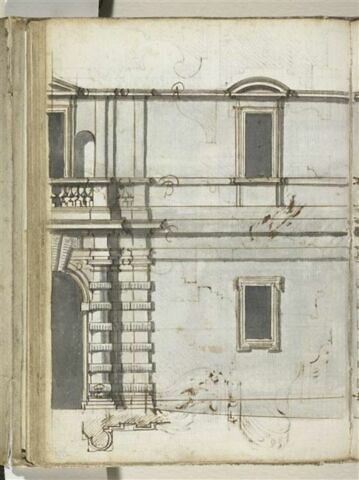 Partie d'une façade d'un palais avec porte à décor de bossage, surmontée d'un balcon à balustrade., image 1/2