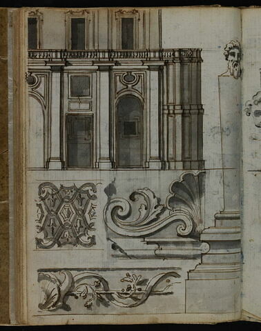 Détail de la façade de la villa Corsini, terme avec tête barbue et trois motifs architecturaux, image 2/2