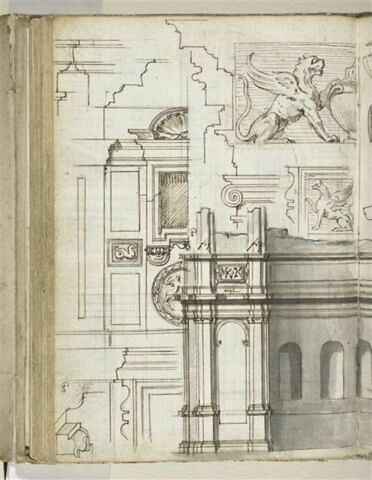 Profils de corniches et détails d'arcades, de niches et de fenêtres de la villa del Pigneto Sacchetti à Rome