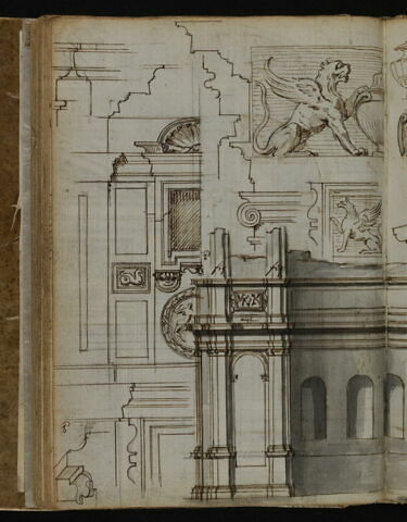 Profils de corniches et détails d'arcades, de niches et de fenêtres de la villa del Pigneto Sacchetti à Rome, image 3/3