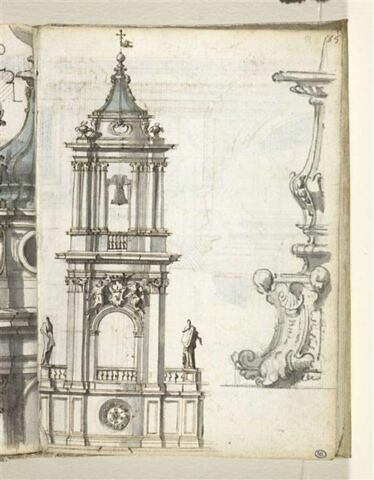 Détail du clocher à deux étages et de la balustrade de l'église Sant'Agnese in Agone à Rome ; partie gauche d'un chandelier