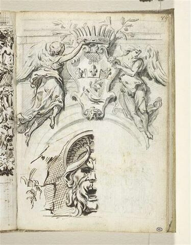 Cartouche armoirié soutenu par des anges (Armes des Pamphili) ; Mascaron