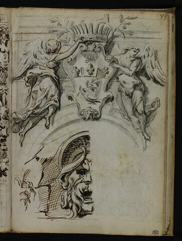 Cartouche armoirié soutenu par des anges (Armes des Pamphili) ; Mascaron, image 2/2