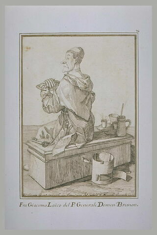 Portrait charge d'un moine assis sur un coffre, en train de manger, image 1/1
