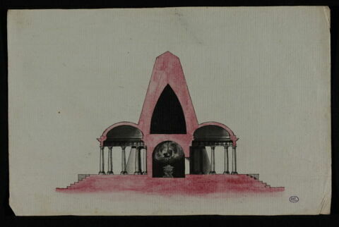 Vue en coupe, d'un édifice composé d'une pyramide centrale, image 2/2