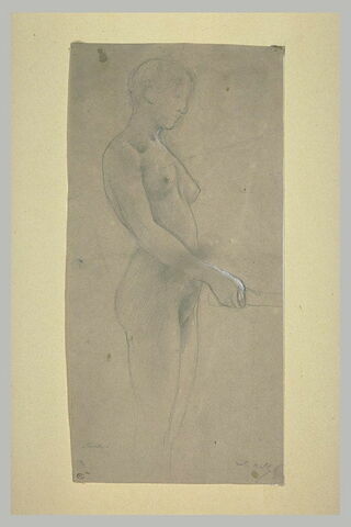 Femme nue, debout, un bras tendu devant elle