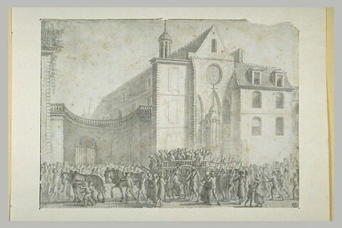 Charrette de prisonniers tirée par deux chevaux, entourée de nombreux..., image 1/1