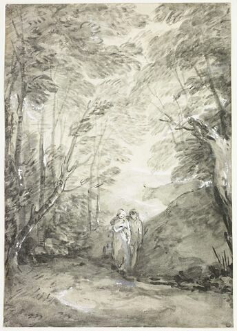 Paysage de forêt avec un couple d'amoureux dans un chemin