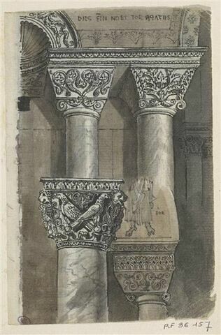 Etude de deux colonnes et d'un chapiteau et croquis d'un personnage, image 1/2
