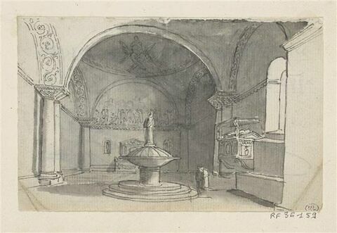 Intérieur d'église avec fonts baptismaux et deux petits personnages, image 1/2