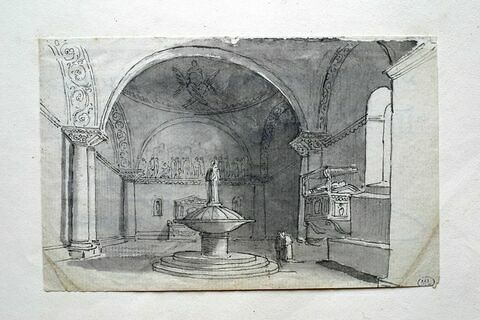 Intérieur d'église avec fonts baptismaux et deux petits personnages, image 2/2