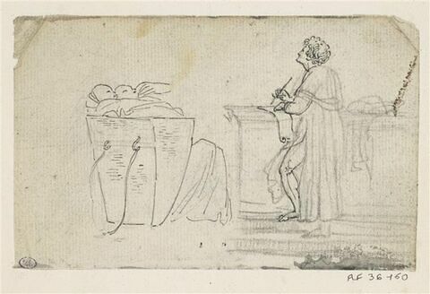Deux bébés endormis dans un berceau en forme de hotte et un homme drapé (saint Jérôme ?), debout, écrivant sur un rouleau en s'appuyant sur un soubassement sur lequel est posé son chapeau, image 1/2