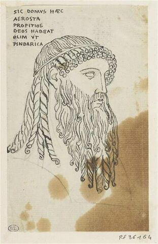 Tête d'homme barbu, chevelure divisée en boucles, de profil à droite
