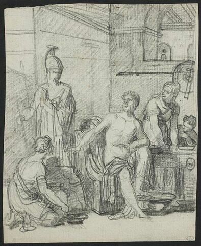 Scène antique : à l'intérieur d'un palais, un homme nu assis, le pied gauche posé sur le bord d'une cuvette, avec à sa droite une femme et un enfant, à sa gauche, une femme à genoux et la figure d'Athéna debout